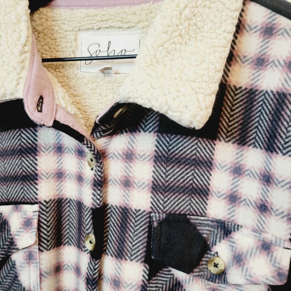 Soho Threads Womens XL Plaid Sherpa Lined Fleece Shirt Jacket Shacket Navy Pink - Picture 9 of 16